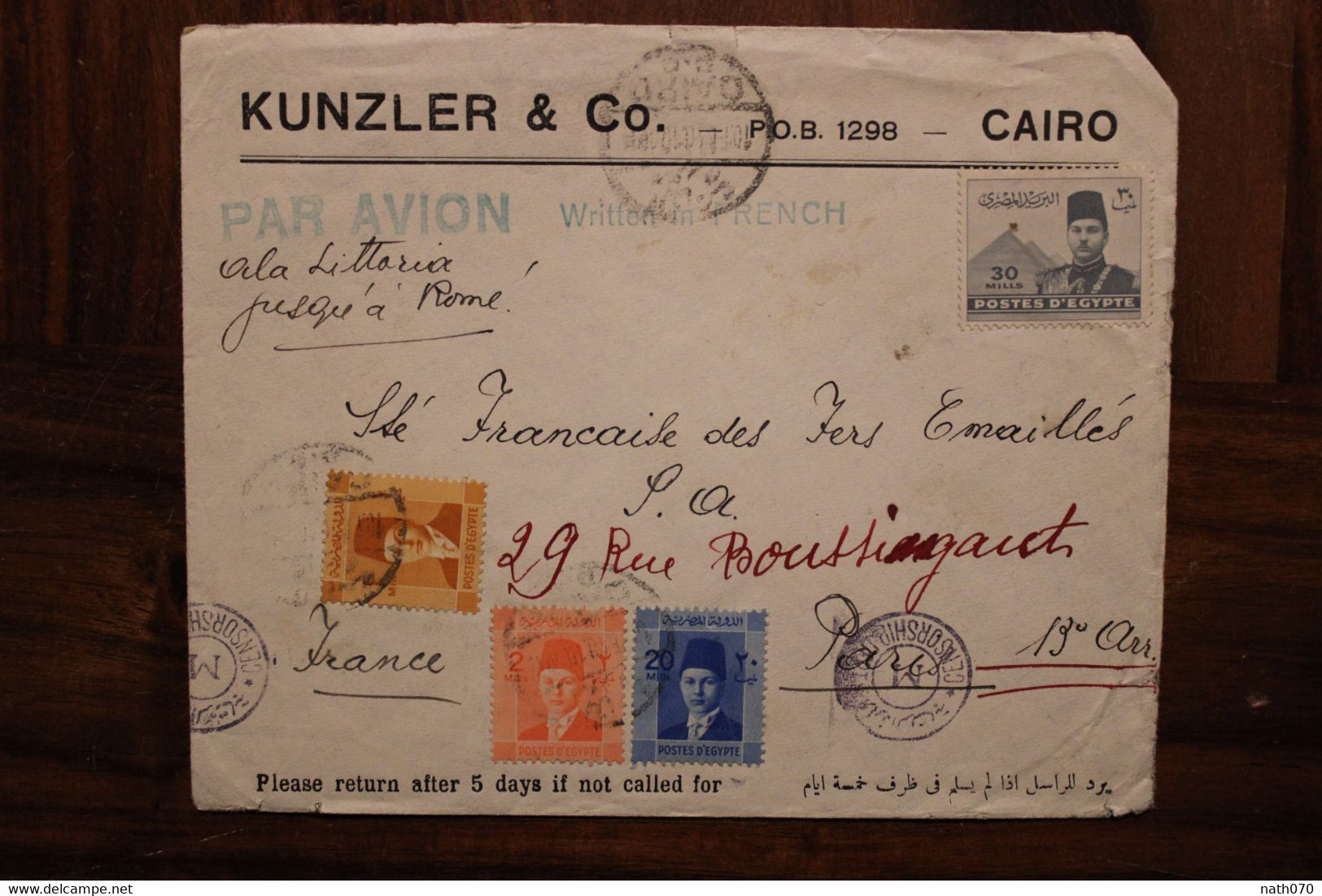 1941's Ala Littoria Air Mail Censorship Egypte France Cover Egypt Ägypten Air Mail Censor Censure Zensur Fers émaillés - Storia Postale