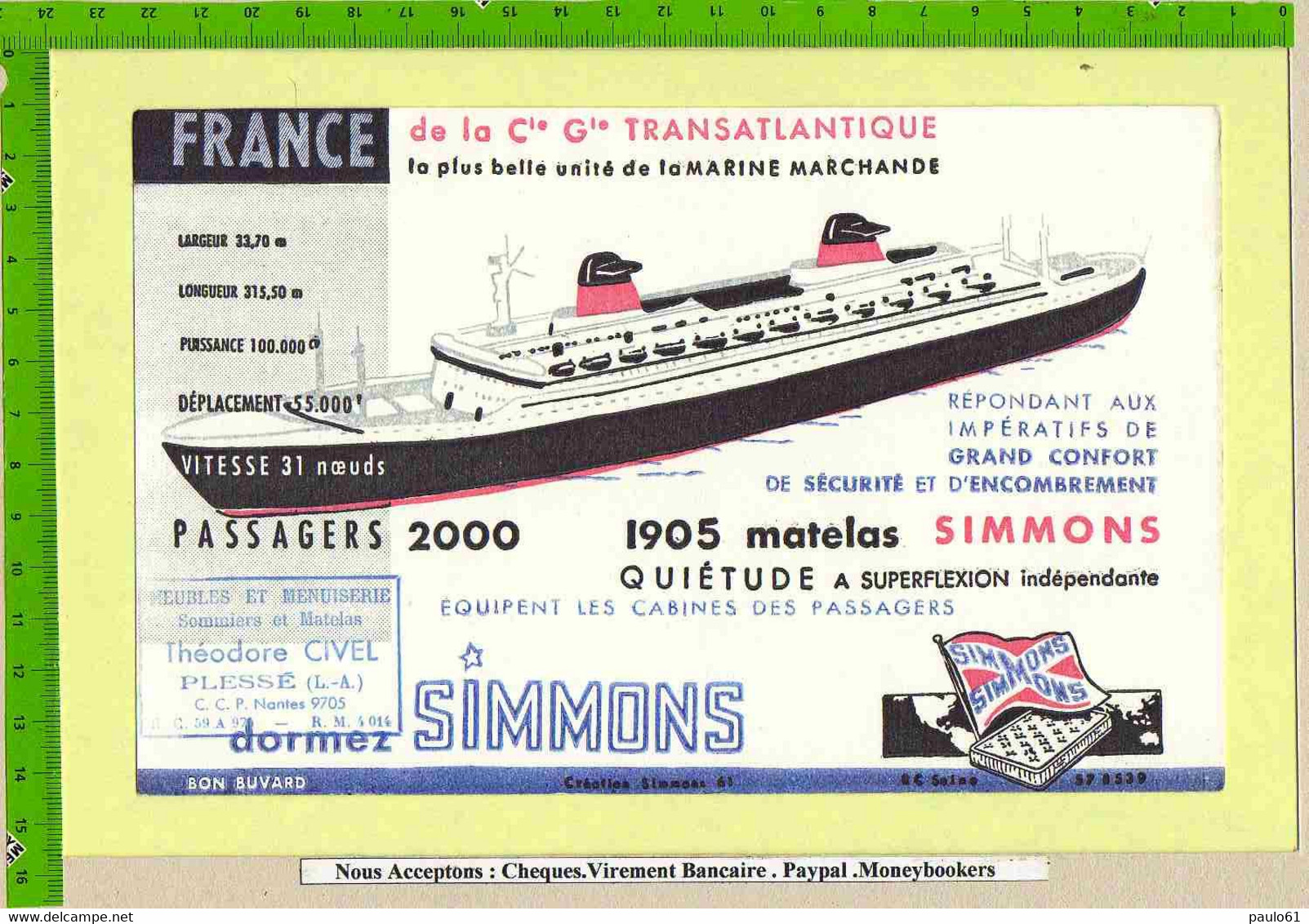 BUVARD+Lettre :Le Paquebot " FRANCE "+Lettre Avec Enveloppe Ecusson Embossé Du France TRANSATLANTIQUE  Matelas - Transports