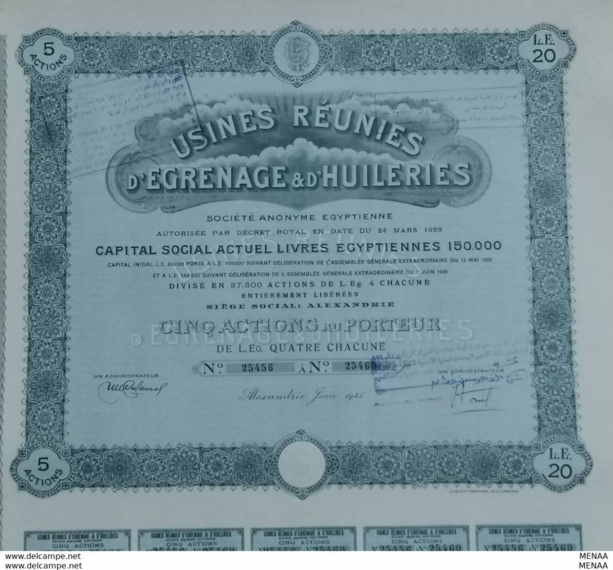 EGYPT - Usines Reunies D`Egrenage &D`Huileries 1923 - 5 Actions - Afrique