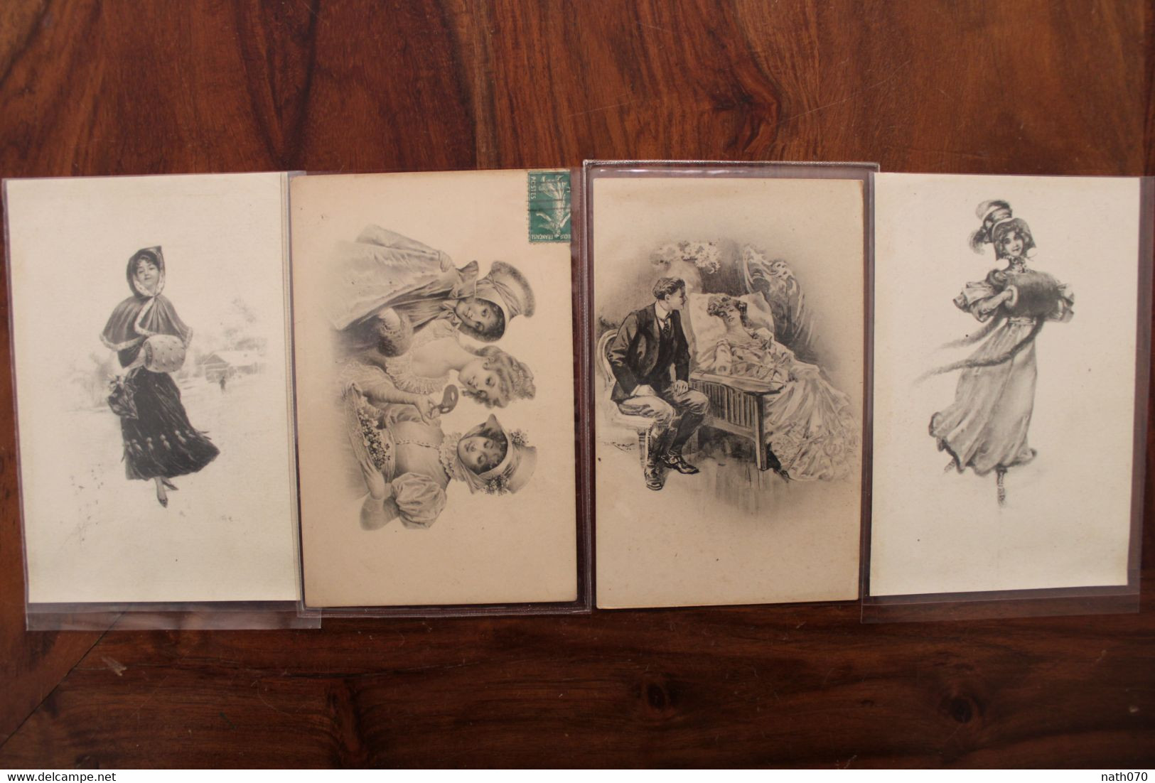 AK 1900's Lot De 4 CPA Femme élégante Couple Illustrateur Style VIENNE Litho - Autres & Non Classés