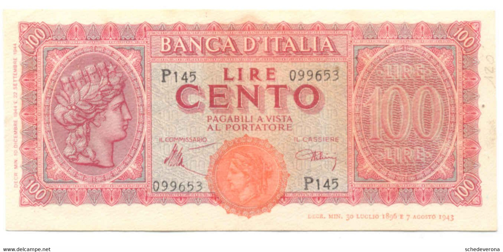 REGNO D'ITALIA 100 LIRE LUOGOTENENZA ITALIA TURRITA 22/09/1944 BANCONOTA QFDS - 100 Liras