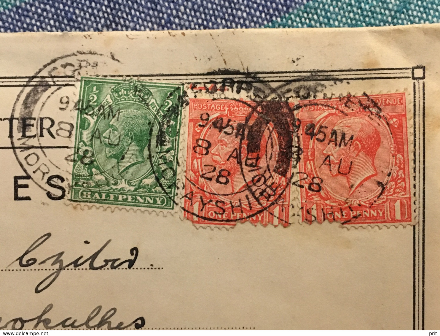 Souvenir Letter of Forres Scotland 1928 5 Postcards. Stamped 2x1d stamps with significant perforation error. Rare