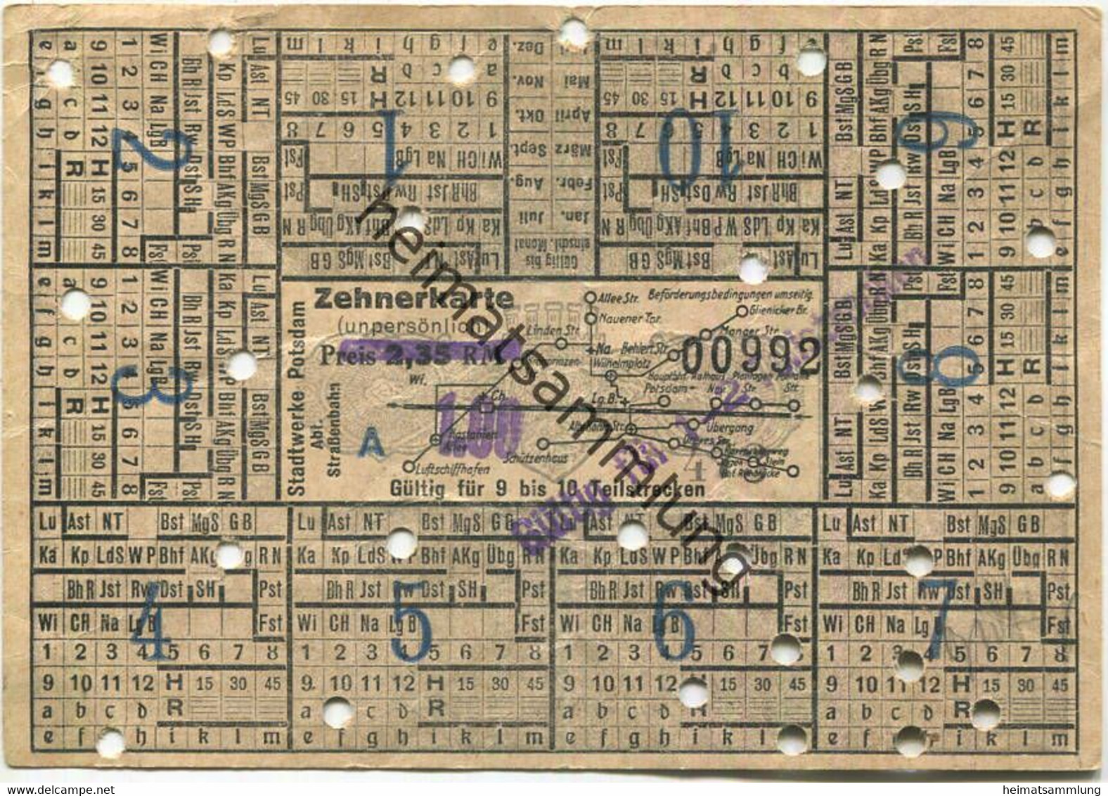 Deutschland - Stadtwerke Potsdam - Abt. Strassenbahn - Zehnerkarte - Gültig Für 9 Bis 10 Teilstrecken 2,35 RM 1937 - Fah - Europa