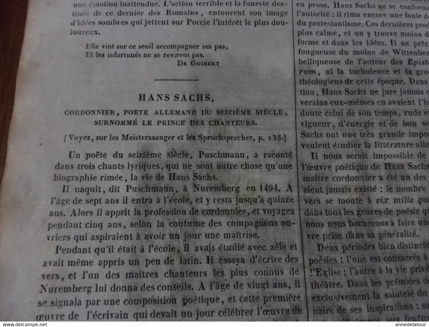 Année 1839: Arc de Triomphe de l'ETOILE;  Les plumes dans l'industrie; HANS SACHS cordonnier -poète allemand ; Etc