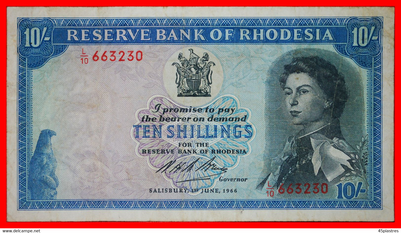 ~ RHODES (1853-1902): RHODESIA OF GREAT BRITAIN ★ 10 SHILLINGS 1966 RARE! CRISP!  LOW START ★ NO RESERVE! - Rhodésie