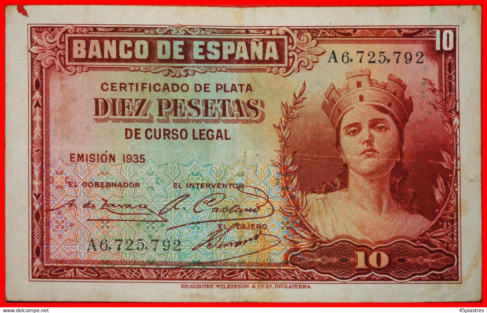 * GREAT BRITAIN: SPAIN ★ SILVER CERTIFICATE 10 PESETAS 1935 CRISP!★LOW START ★ NO RESERVE! - 10 Peseten