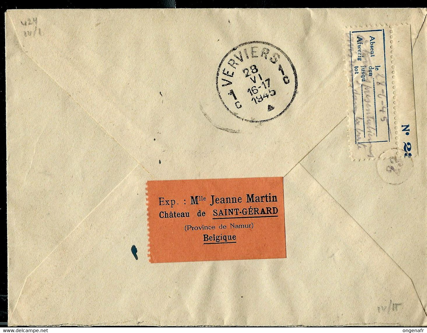 Env. Ent.  Obl. St GERARD 26/06/1945 En Rec.  Pour Verviers - 1c - 28/06/1945 - Landpost (Ruralpost)