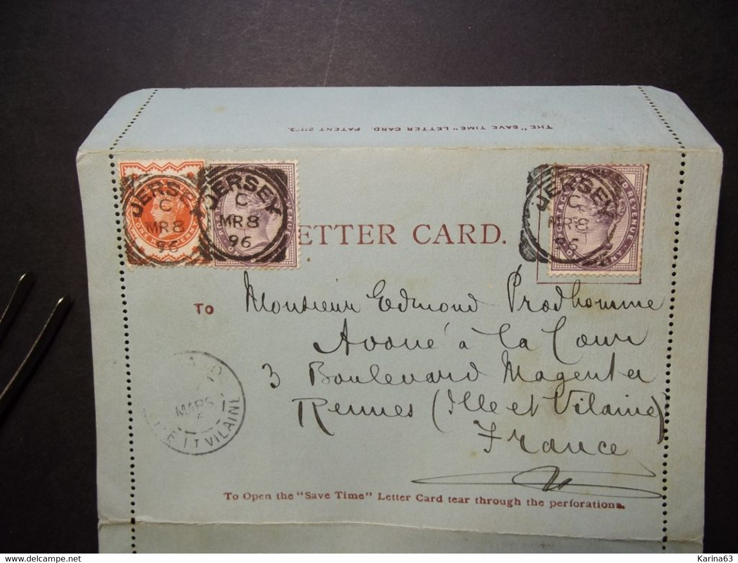 Great Britain - 1896 -  Letter Card : Personel Correspondence From A Friend In Jersey To Rennes France - Brieven En Documenten