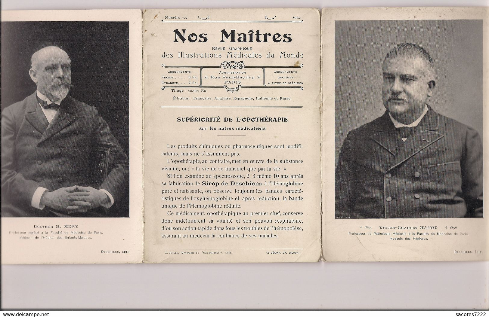 PETIT FEUILLET PUBLICITAIRE HEMOGLOBINE DESCHIENS- Professeurs:  DELORME  MALHERBE  HANOT Et Dct MERY - Santé