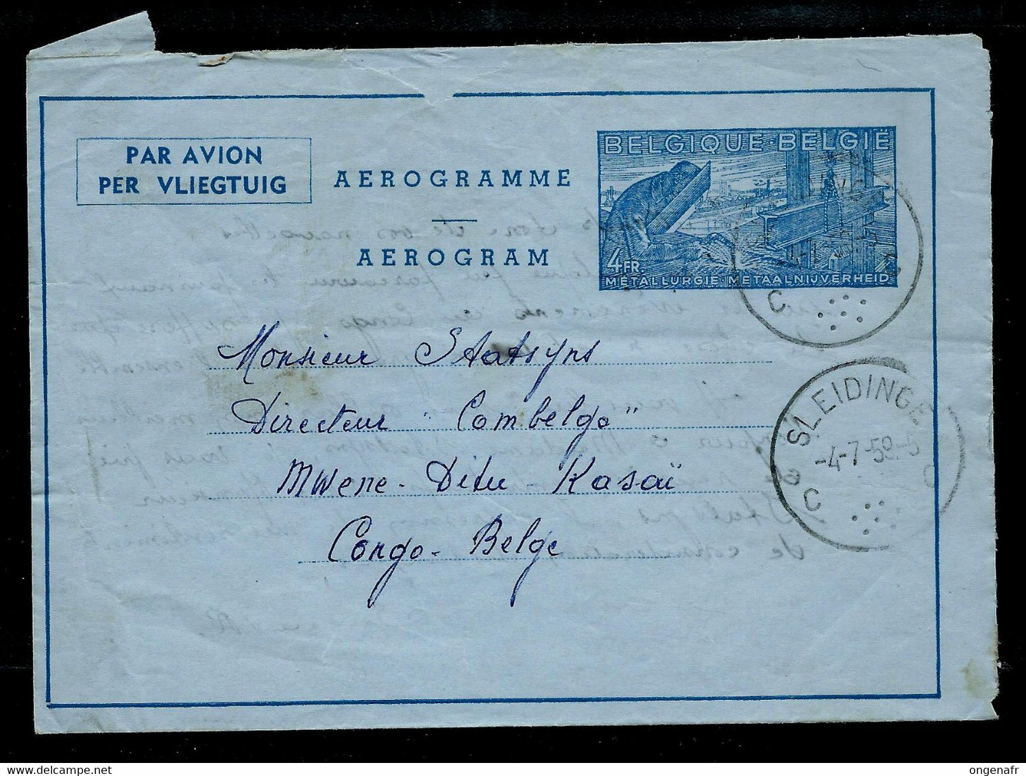 N° 3H.  Ligné Horinzontal   Obl. SLEIDINGE - C C - 04/07/59 Pour Kasai - Congo-Belge - Aerogrammi