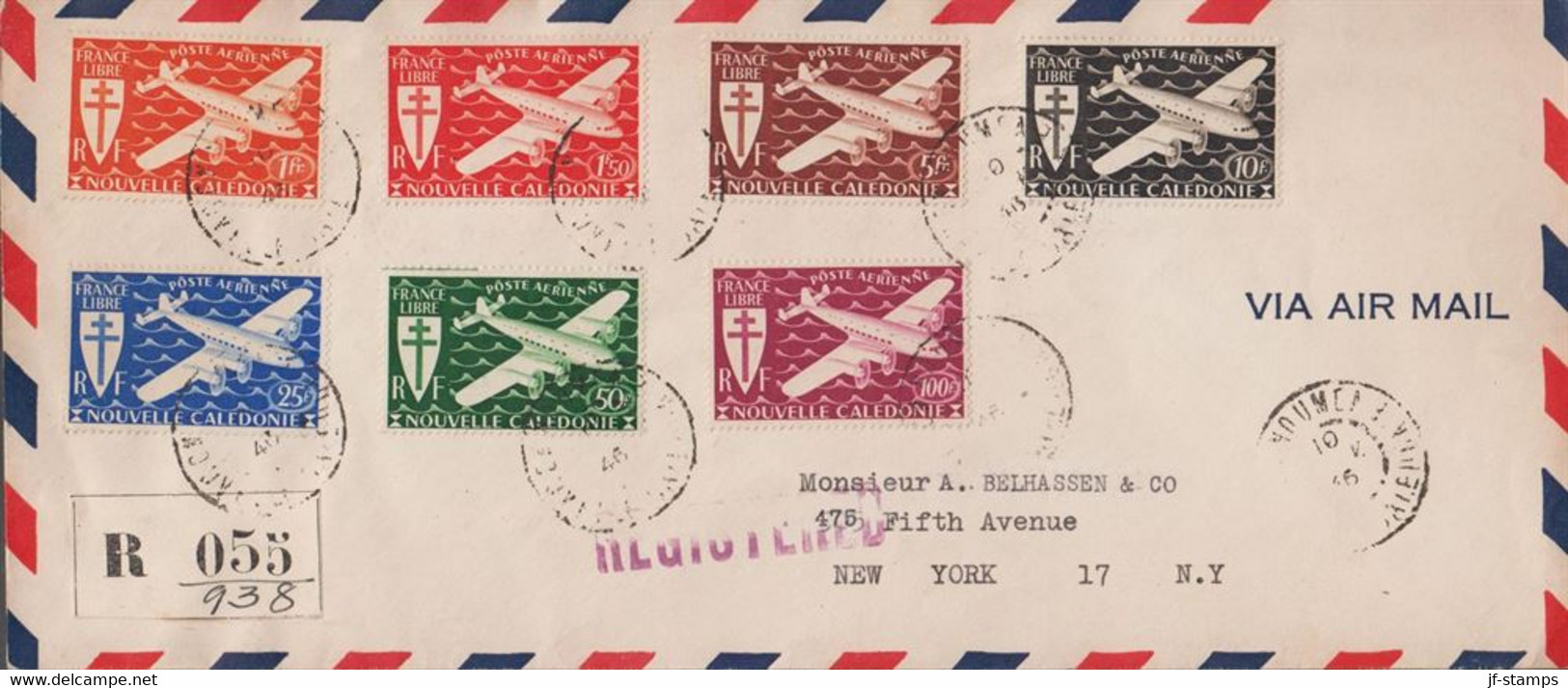 1946. NOUVELLE-CALEDONIE. REGISTERED Over To USA With Complete Set FRANCE LIBRE AIR MAIL ... (Michel 296-302) - JF425182 - Briefe U. Dokumente