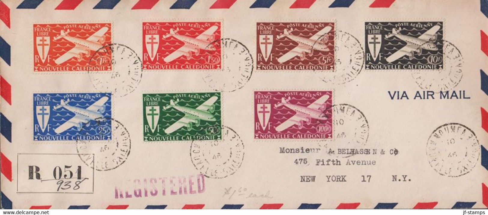 1946. NOUVELLE-CALEDONIE. REGISTERED Over To USA With Complete Set FRANCE LIBRE AIR MAIL ... (Michel 296-302) - JF425183 - Cartas & Documentos