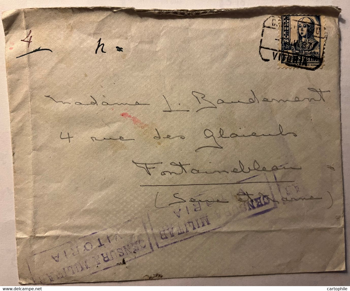 LSC Espagne De 1937 Avec Cachet Censura Militar Vitoria Pour Mme Baudement à Fontainebleau France - Other & Unclassified