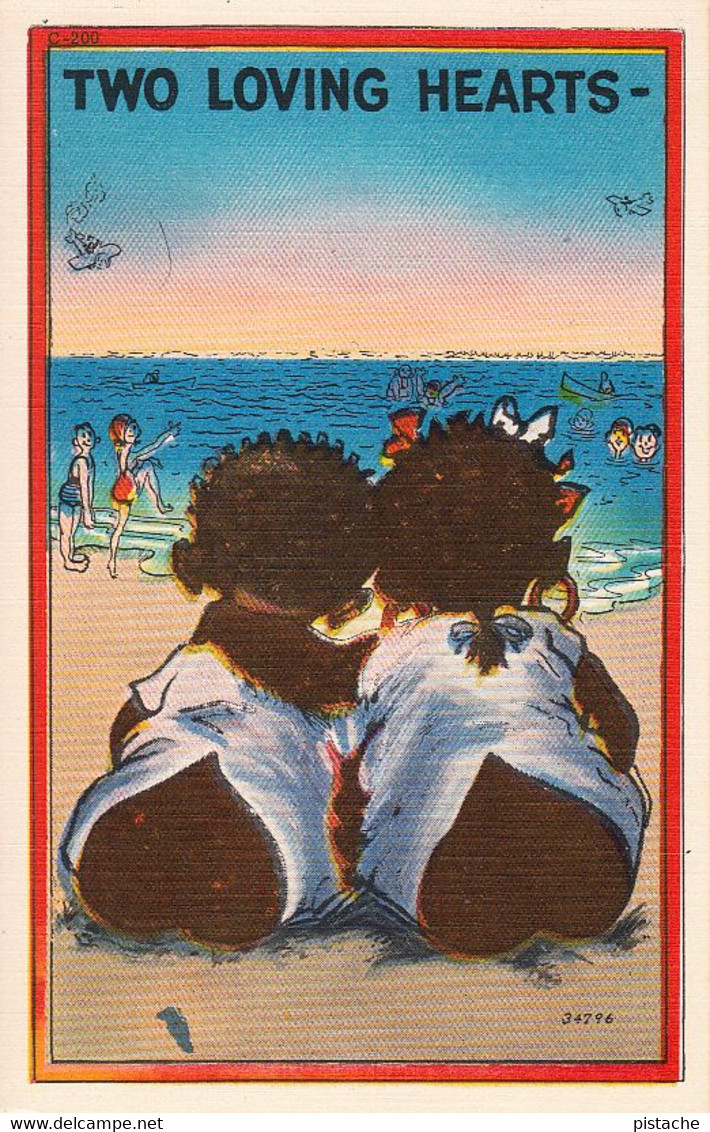 3144 – Humor – Two Loving Hearts – Kids On The Beach – Black Americana – Linen – VG Condition – 2 Scans - Black Americana