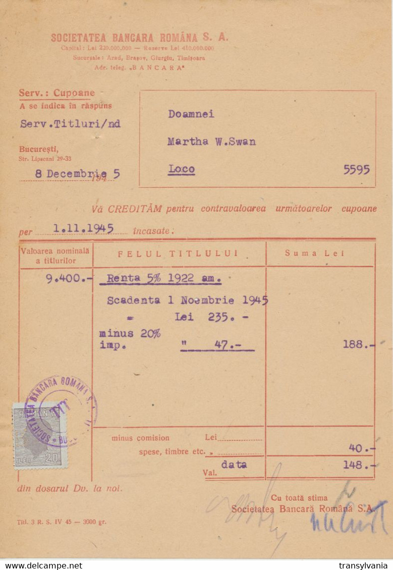 Romania 1945 Document Societatea Bancara Romana With Perfins King Michael 20 Lei Revenue Stamp - Fiscale Zegels