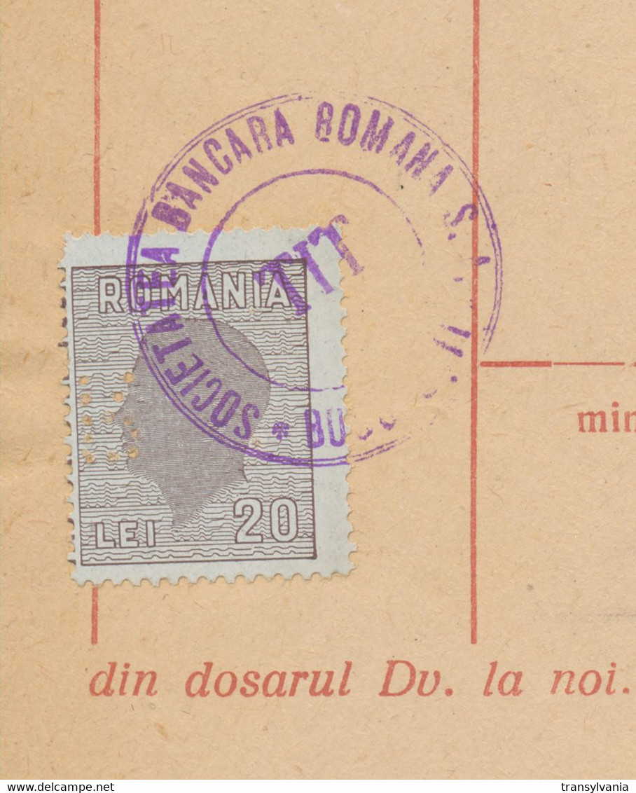 Romania 1945 Document Societatea Bancara Romana With Perfins King Michael 20 Lei Revenue Stamp - Fiscaux