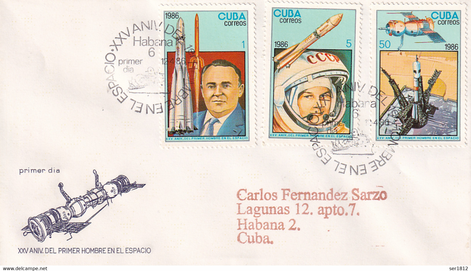 Cuba 1986 Space Cover  1c Korolev , 5c Valentina Tereshkova , 50c Baikonour - Brieven En Documenten