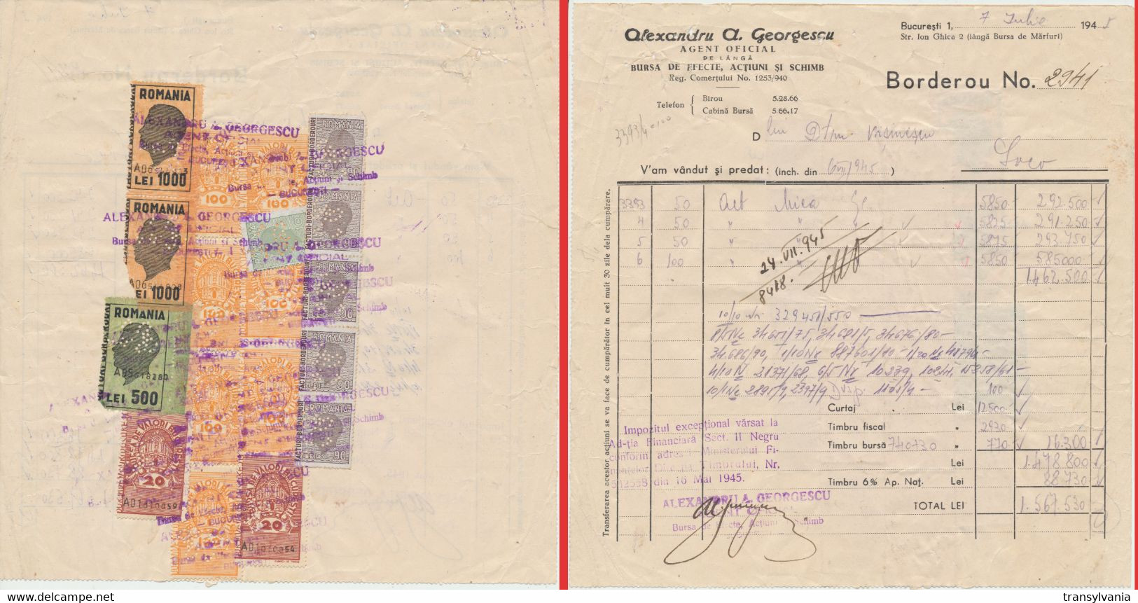 Romania 1945 Document Trade Agent Alexandru Georgescu With Perfins Inflation Revenue & Bourse Stamps - Fiscali