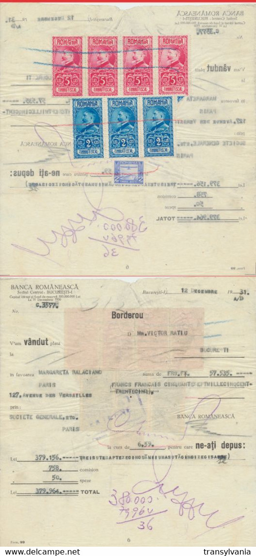 Romania 1931 Bank Document Banca Romaneasca With 7 King Ferdinand Revenue Stamps Perfins B.R. - Steuermarken