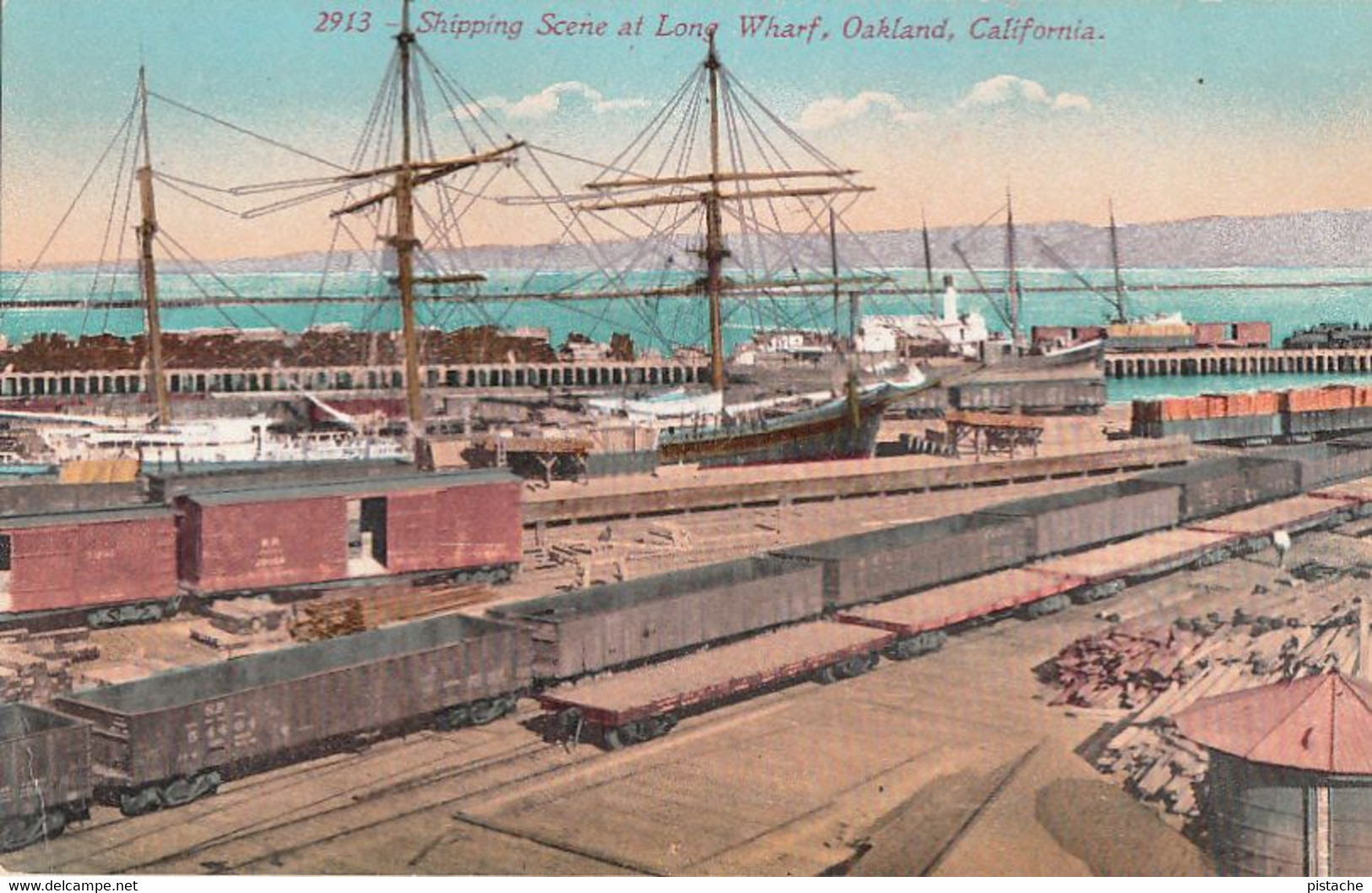 3151 – Oakland California CA – Shipping Scene At Long Wharf – Harbor Harbour Boat Train – Good Condition – 2 Scans - Oakland