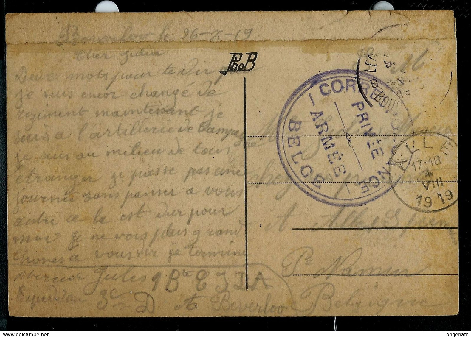 Carte Vue; Obl. ALLE  04/08/1919 + Obl. Correspondance Privé Armée Belge - Zonder Portkosten