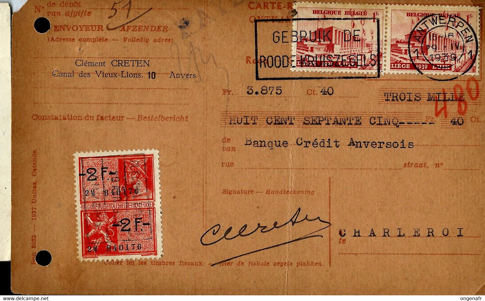 Doc. Obl. ANTWERPEN  29/04/1939 - Poste Rurale