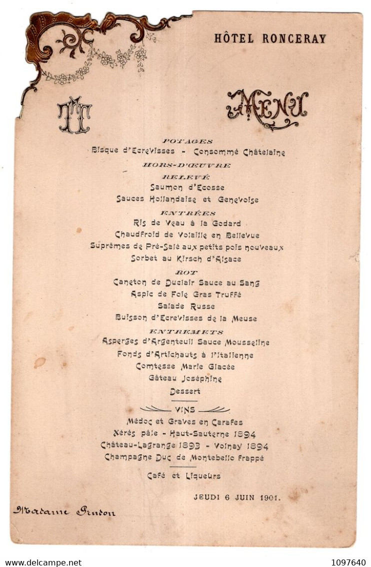 MENU DE L'HOTEL RONCERAY EN JUIN 1901 - Menus