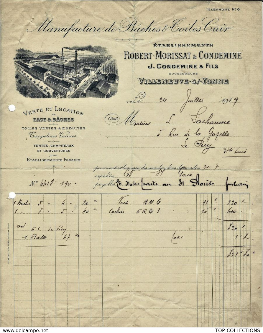 1919 ENTETE MANUFACTURE BACHES TOILE CUIR Villeneuve Sur Yonne (Yonne) Pour Le Puy Haute Loire B.E.V.SCANS - 1900 – 1949