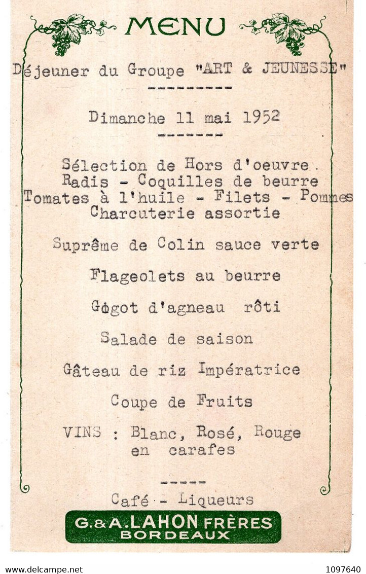 MENU 1952 : G. Et A. LAHON Frères, BORDEAUX. Déjeuner Du Groupe " ART Et JEUNESSE " - Menus