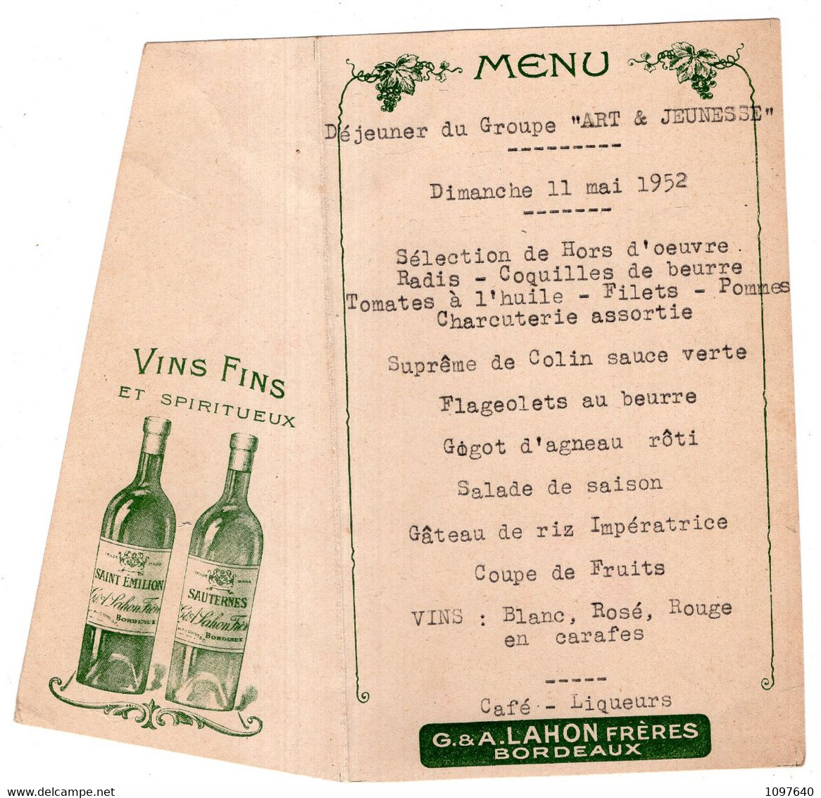 MENU 1952 : G. Et A. LAHON Frères, BORDEAUX. Déjeuner Du Groupe " ART Et JEUNESSE " - Menus