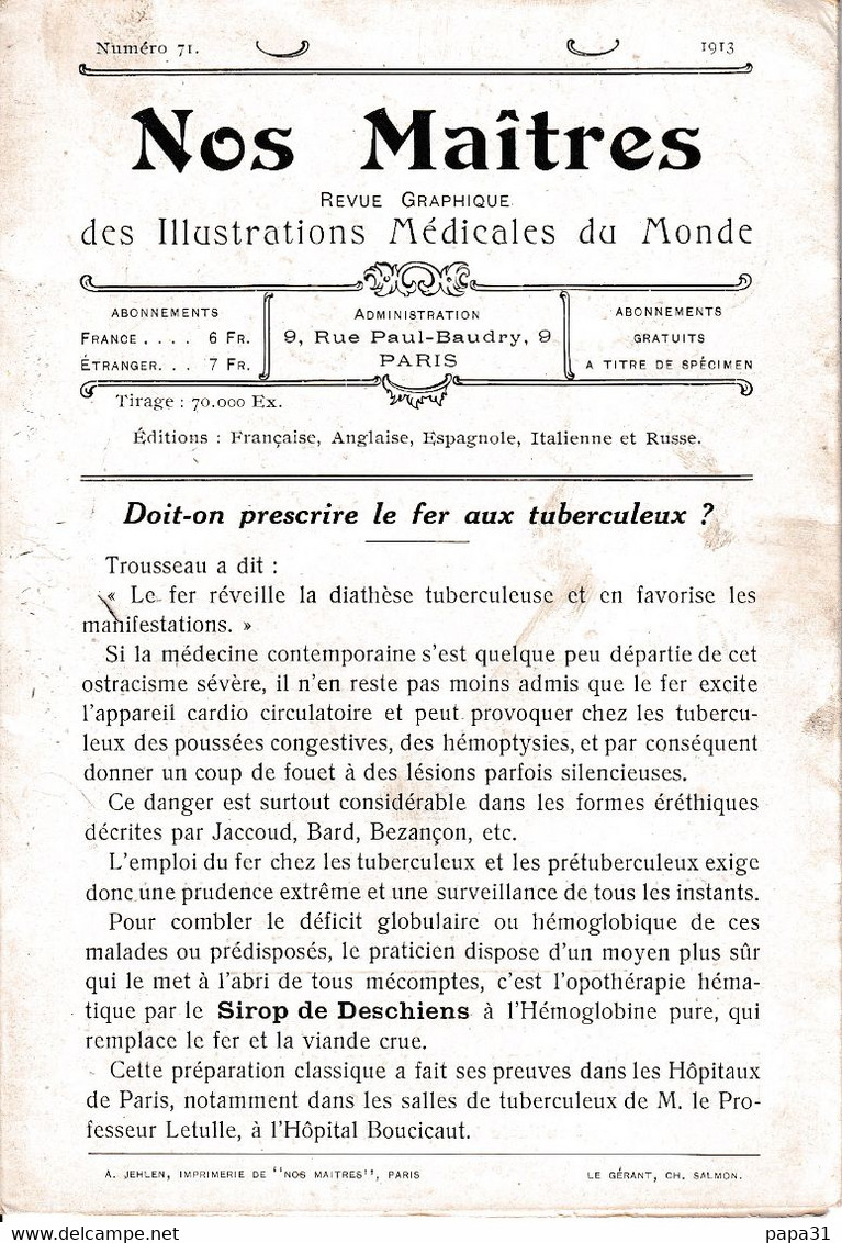 Livret Triptyque "Nos Maîtres" N°71 (1913) Sirop Deschiens - Professeurs KLEBS/PARROT - Livret Médical - Médecine - Santé
