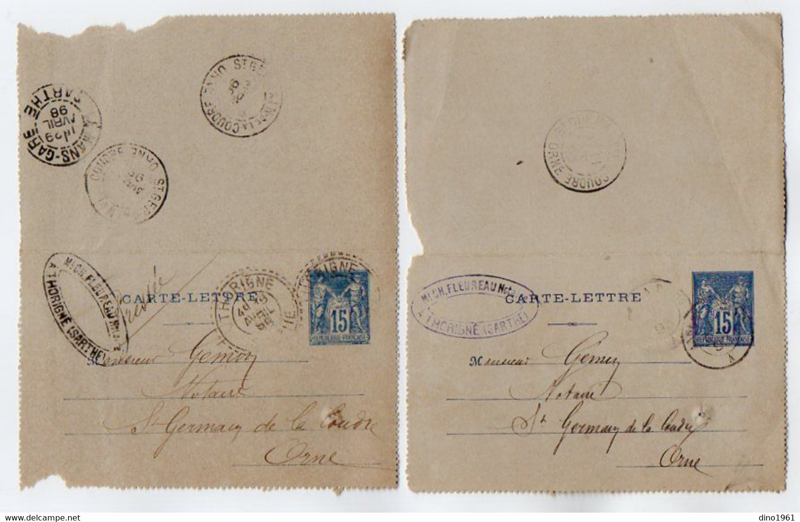 TB 3752 - 1893 / 98 - Entier Postal Type Sage X 2 - Me FLEUREAU Notaire à THORIGNE Pour SAINT GERMAIN DE LA COUDRE - Kartenbriefe