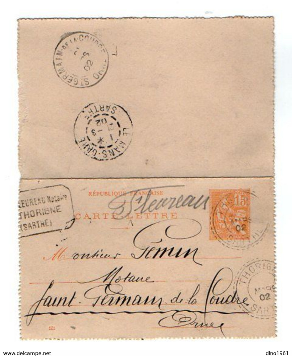 TB 3753 - 1902 - Entier Postal Type Mouchon - Me FLEUREAU Notaire à THORIGNE Pour SAINT GERMAIN DE LA COUDRE - Kartenbriefe