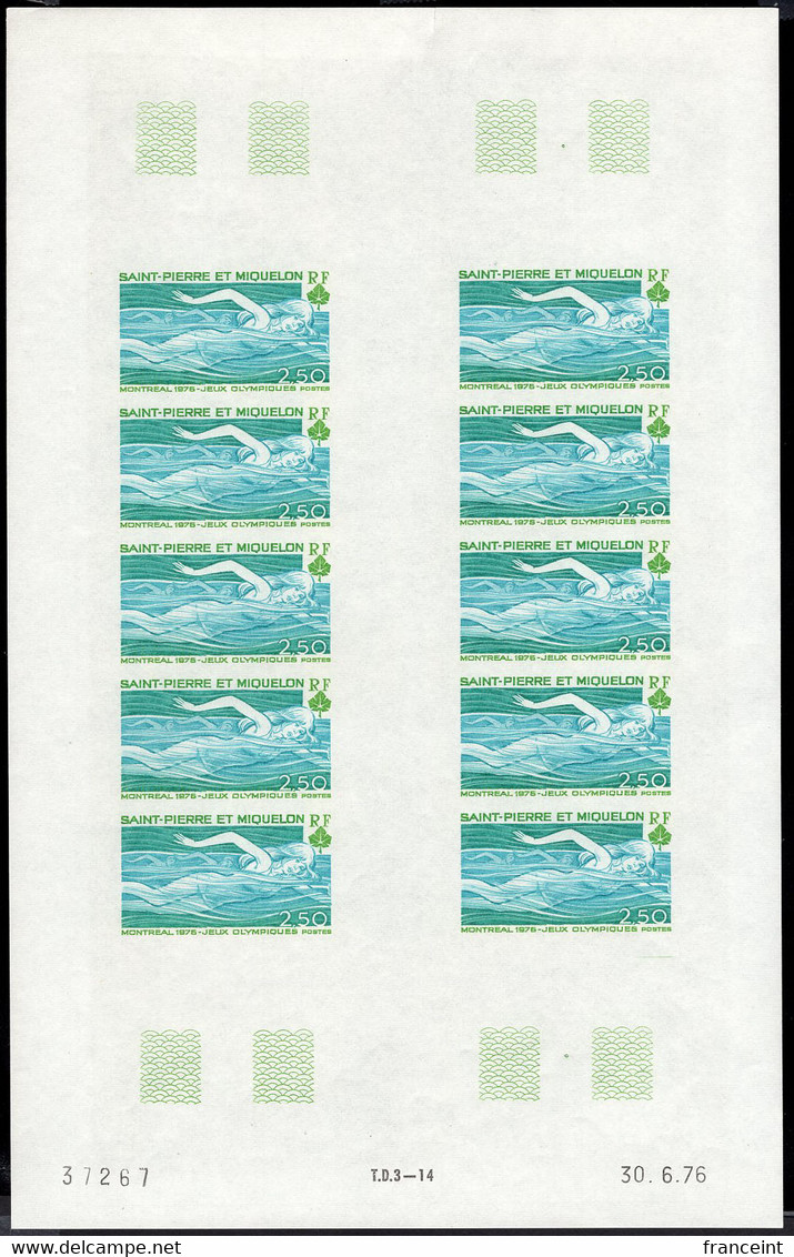 ST. PIERRE & MIQUELON(1976) Woman Swimmer. Maple Leaf. Full Sheet Of 10 Imperforates. Scott No 449, Yvert No 461 - Sin Dentar, Pruebas De Impresión Y Variedades