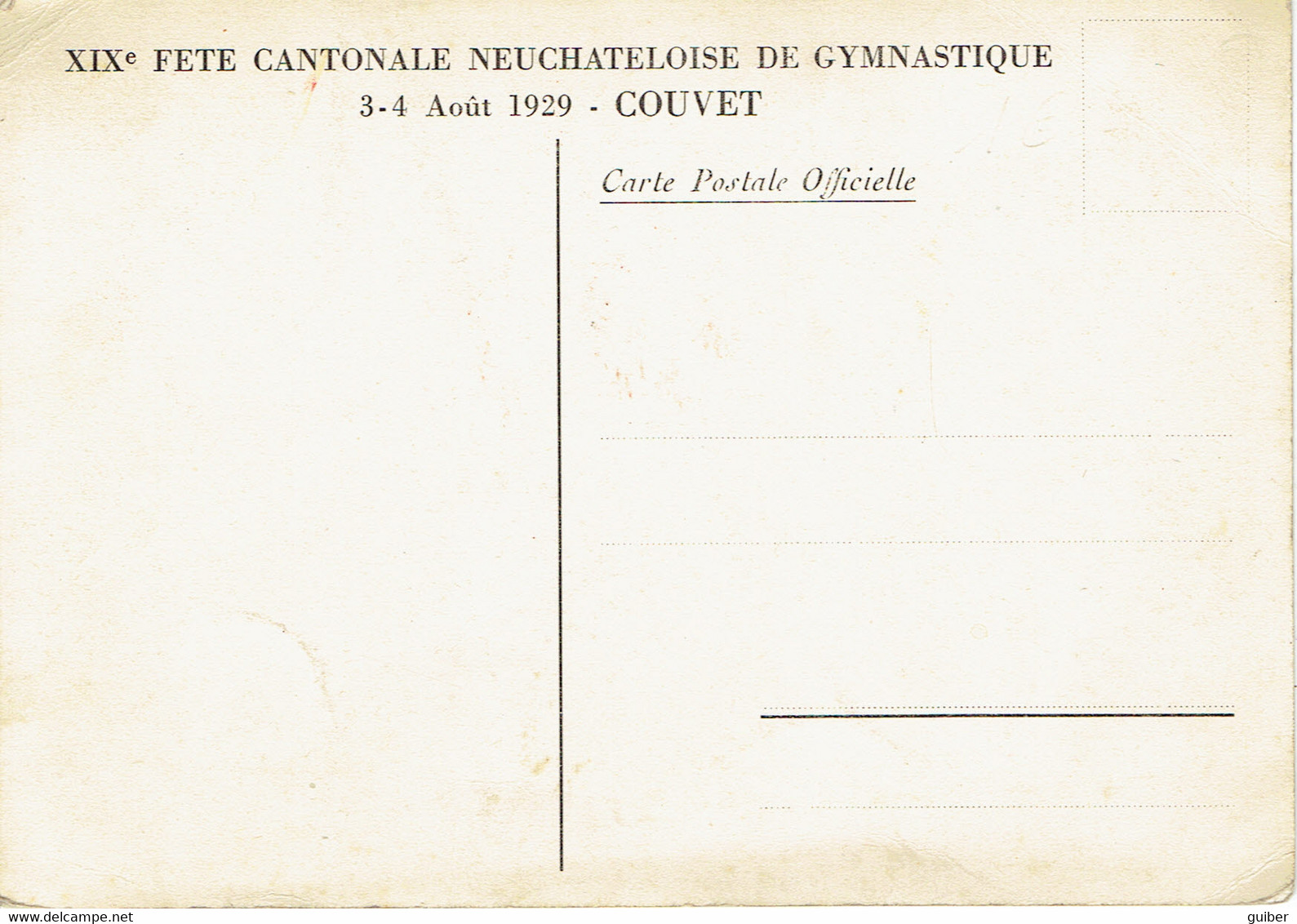 Carte Officielle XIX Fete Cantonale Neuchateloise De Gymnastique  Couvet 1929 - Couvet