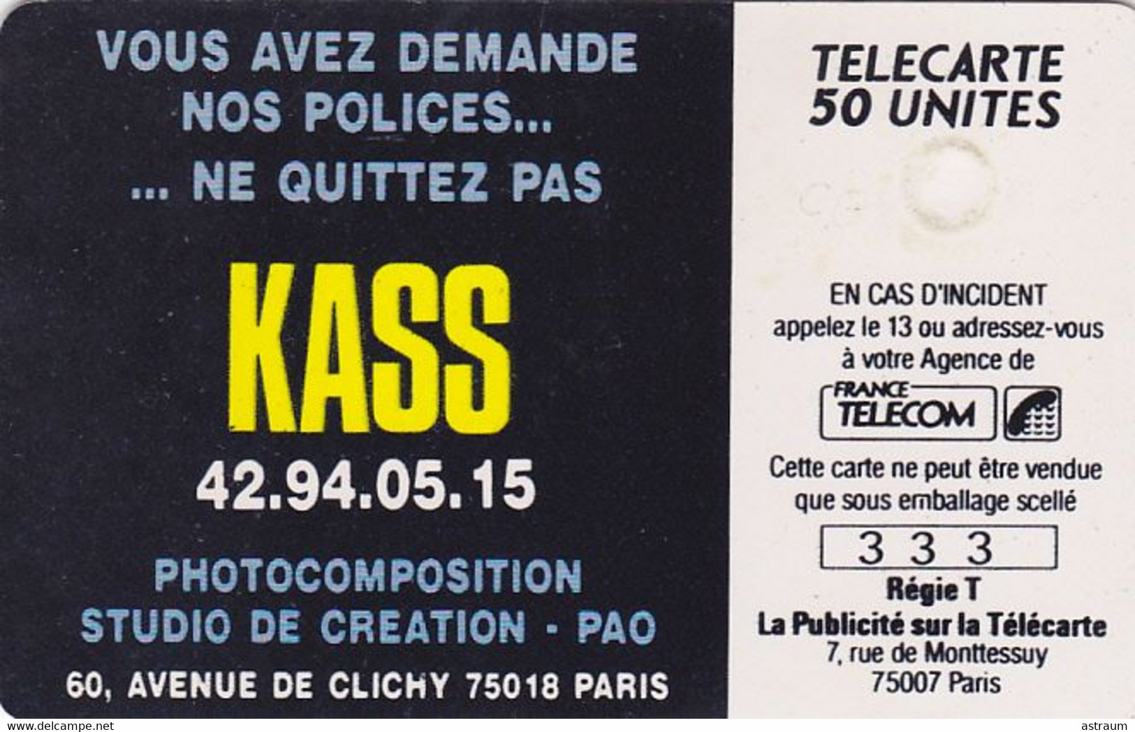 Telecarte Privée - D179 - Kass  - Gem - 1000 Ex  - 50 Un - 1989 - Telefoonkaarten Voor Particulieren