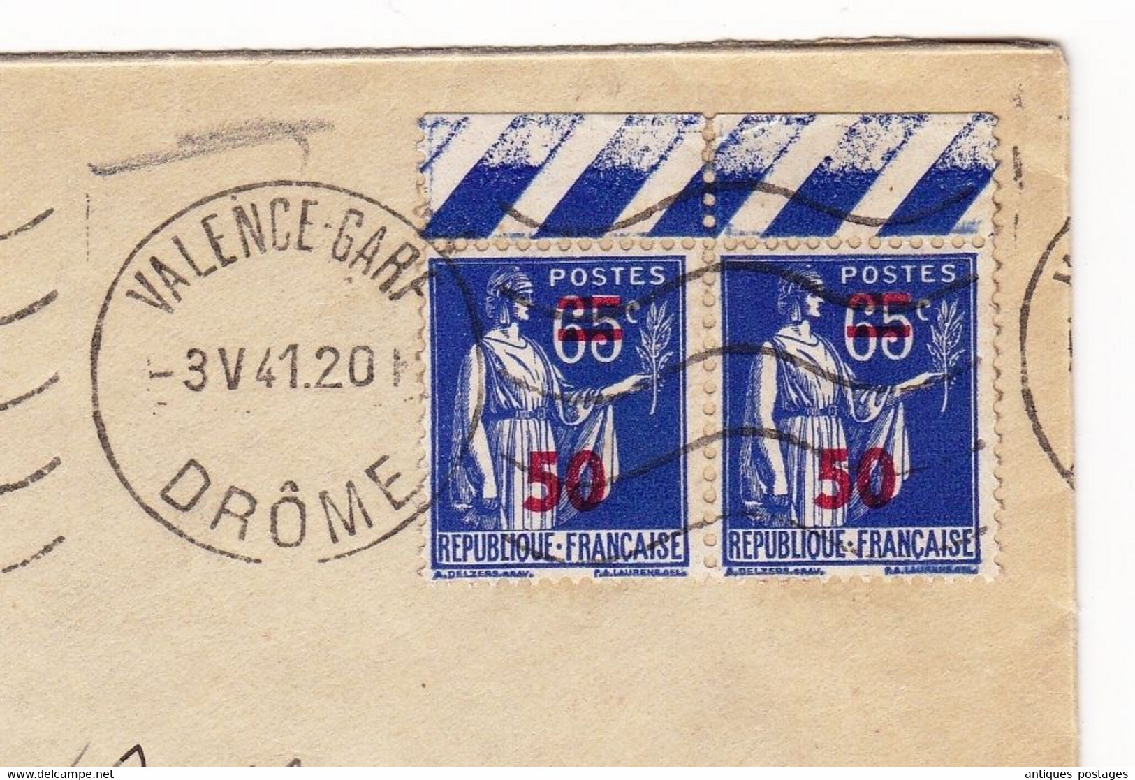 Lettre 1941 Valence Gare Drôme Paire Type Paix 65 Centimes Avec Surcharge - 1932-39 Paz