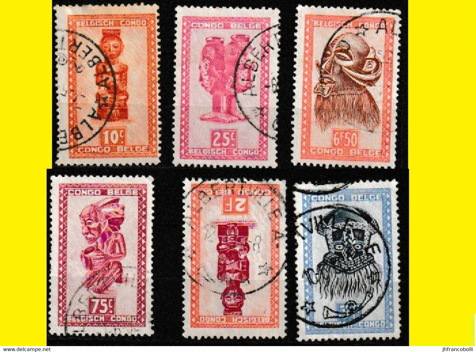 (°) ALBERTVILLE BELGIAN CONGO / CONGO BELGE CANCEL STUDY [R] WITH 6 MASKS & CARVINGS STAMPS - Abarten Und Kuriositäten