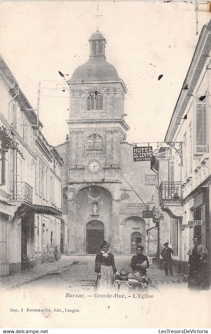 CPA - FRANCE - 33 - BARSAC - Grande Rue Et L'église - Animée - Hôtel Du Centre - Coiffeur - Andere & Zonder Classificatie