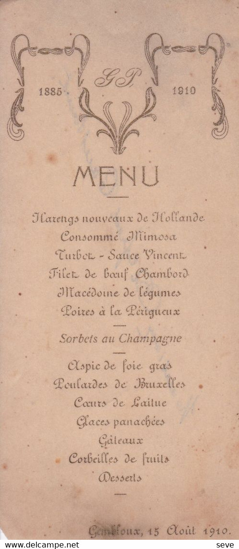 GEMBLOUX 1910 Menu Du 15 Août Format A5 - Menus