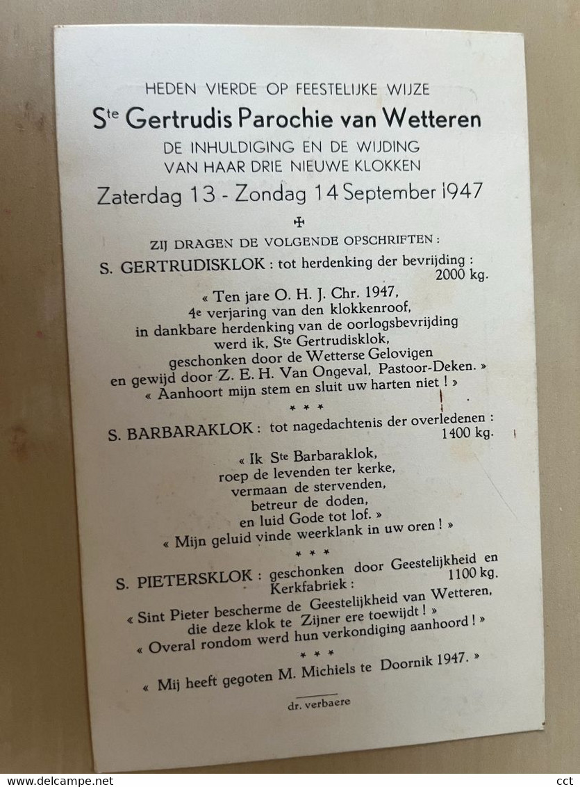 Wetteren  Ste Gertrudis Parochie Van Wetteren  Inhuldiging En Wijding Van 3 Nieuwe Klokken  1947 - Wetteren