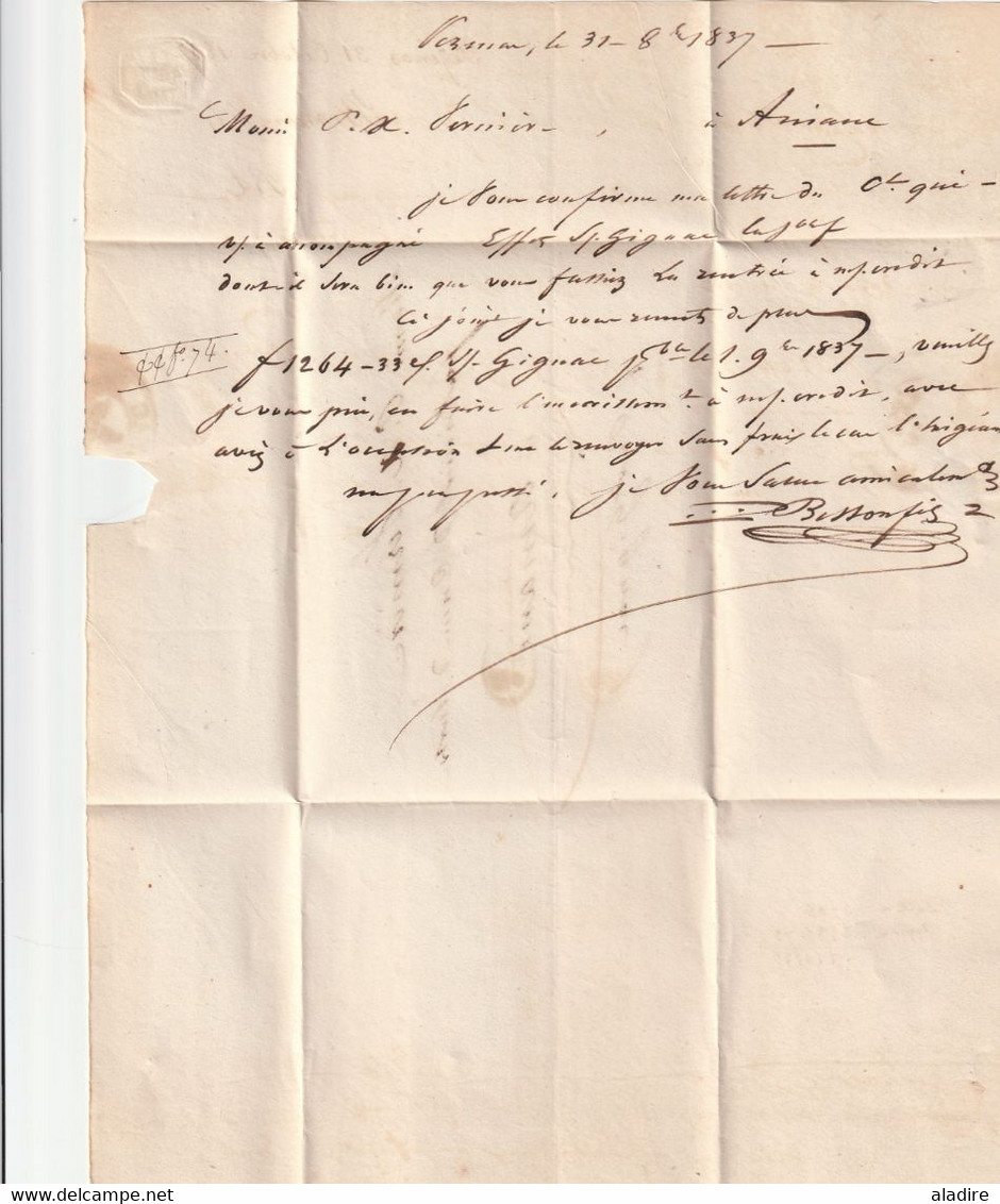 1837 - D4 Grand cachet à date type 12 simple fleuron sur Lettre avec texte de Pézenas, Hérault - Décime rural