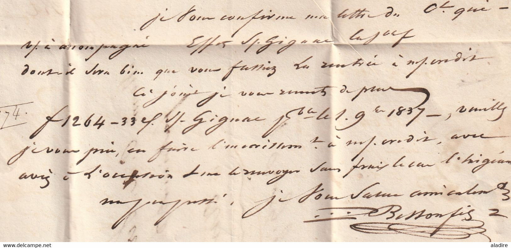 1837 - D4 Grand cachet à date type 12 simple fleuron sur Lettre avec texte de Pézenas, Hérault - Décime rural