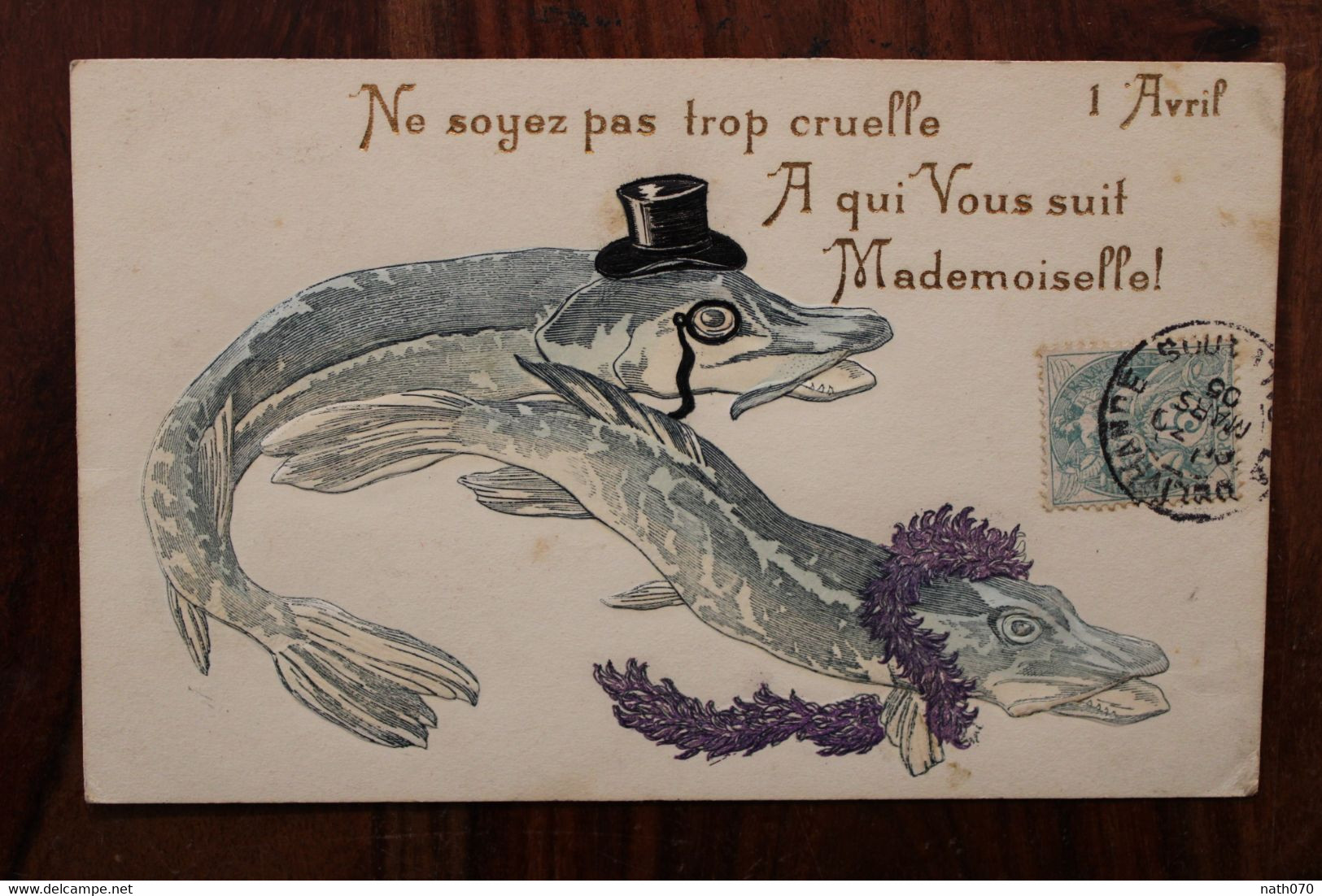 AK 1905 Animaux Habillés Poissons Brochet Humanisés Cpa Gaufrée 1er Avril Voyagée Pour Les Menas à Etrechet Indre - Animales Vestidos