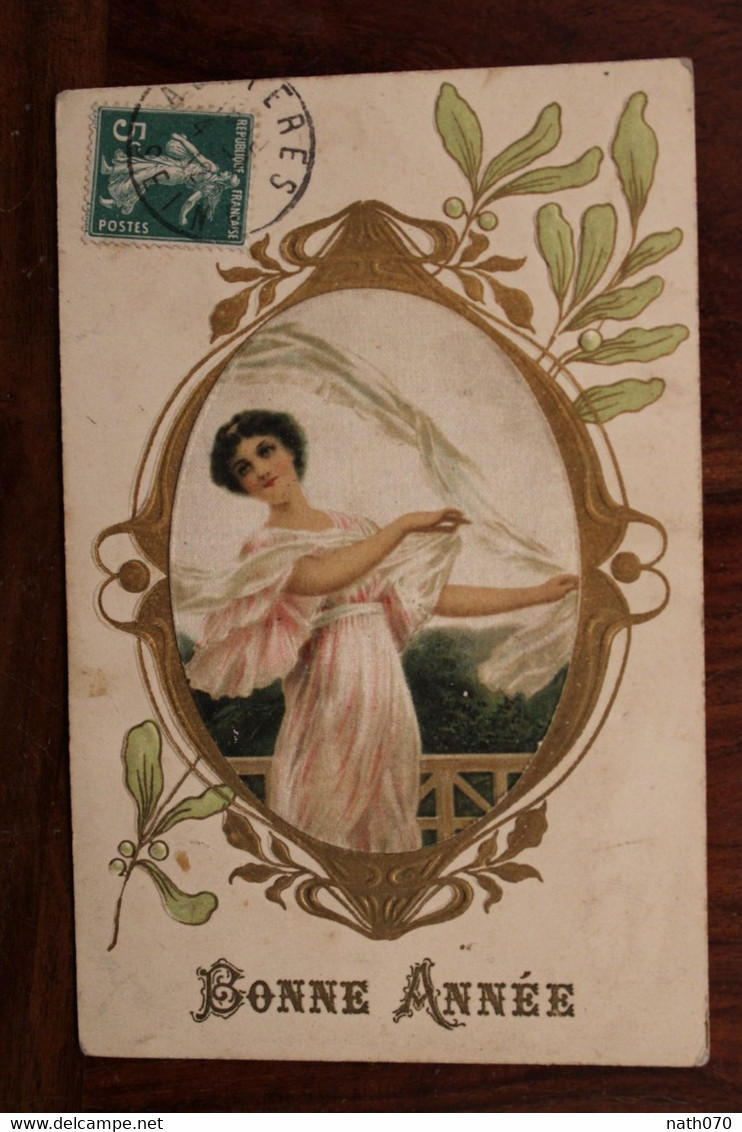 AK 1912 Cpa Femme élégante Gaufrée Bonne Année Art Nouveau Voyagée Vierzon - Women