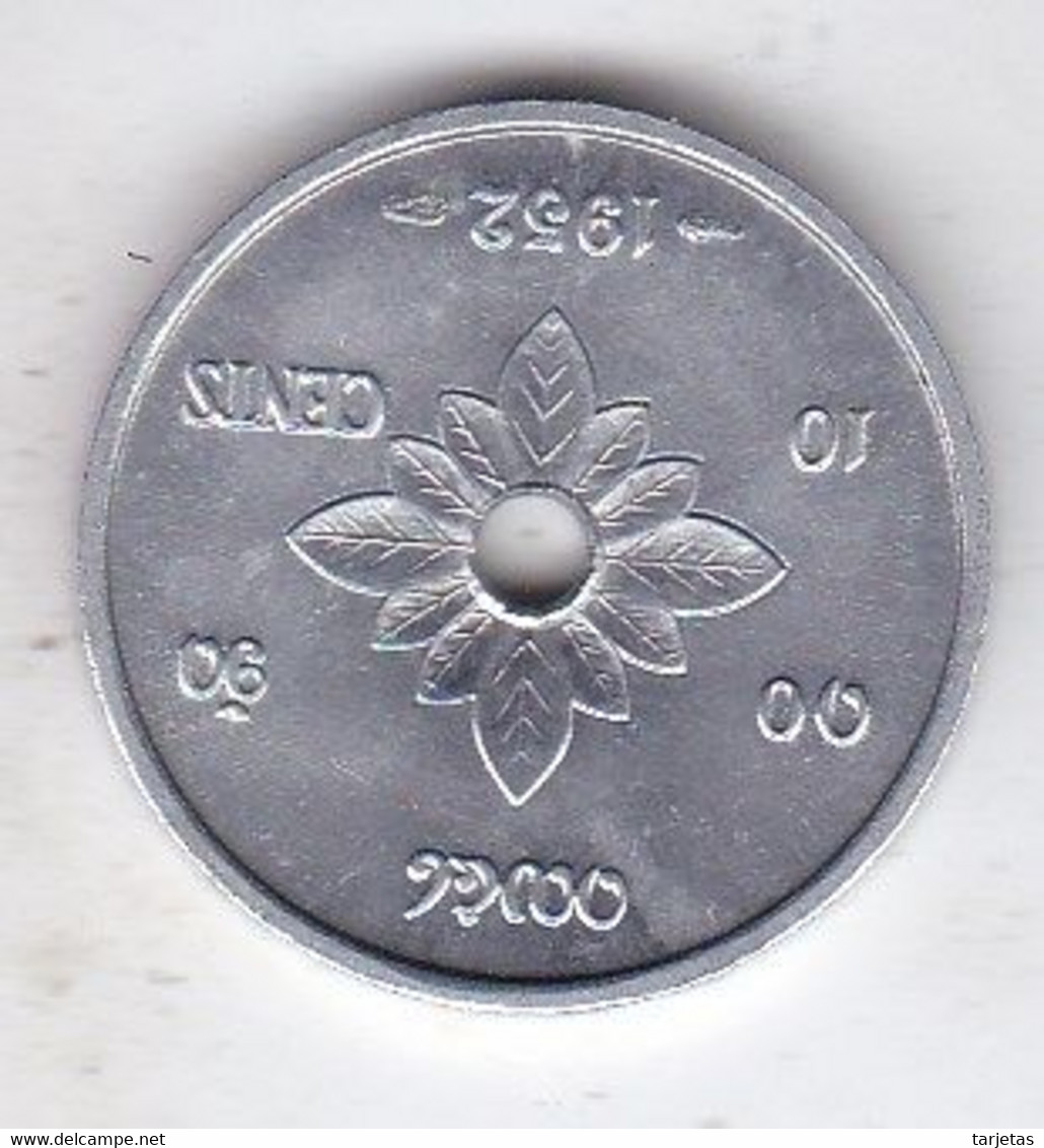 MONEDA DE LAOS DE 10 CENTS DEL AÑO 1952 (COIN) - Laos