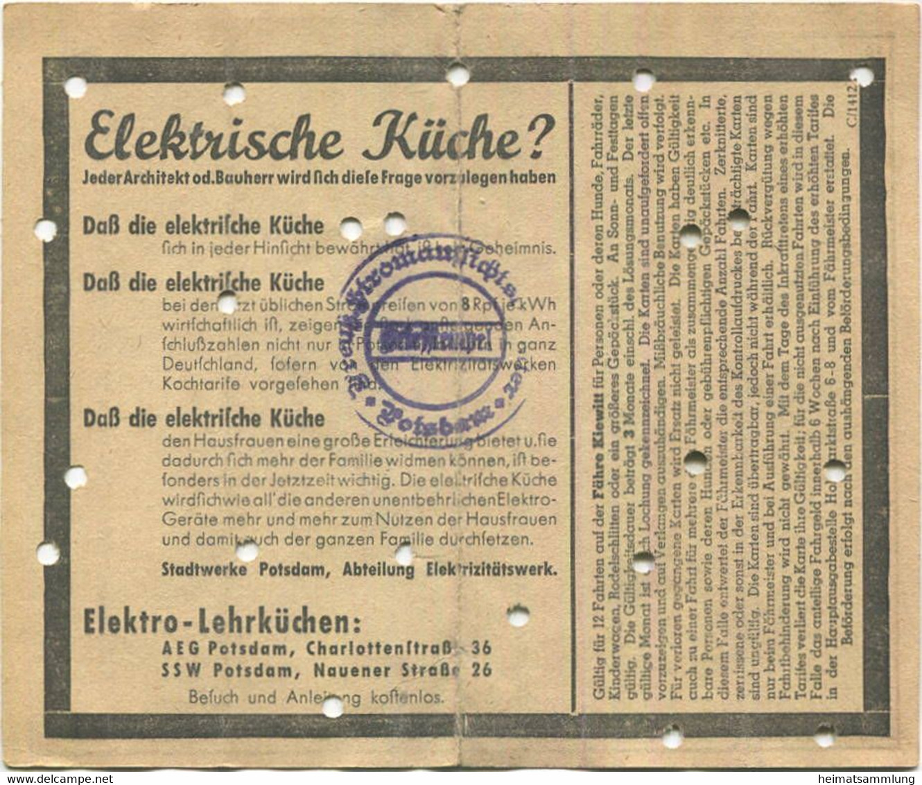 Deutschland - Stadtwerke Potsdam Abt. Verkehrsbetriebe -  Zwölferkarte Für Fähre Kiewitt - Preis 0.80 RM - Fahrkarte - Europa