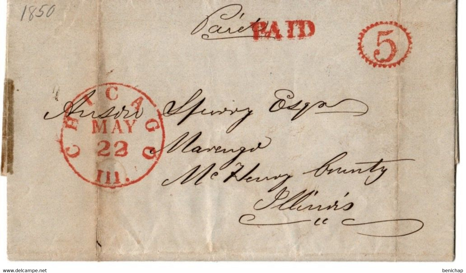 (R78) USA Préphilatélie - Stampless Cover 1850 - Red Postal Marking Paid And Chicago - Red Numeral 5 Cents - 1850. - …-1845 Prephilately