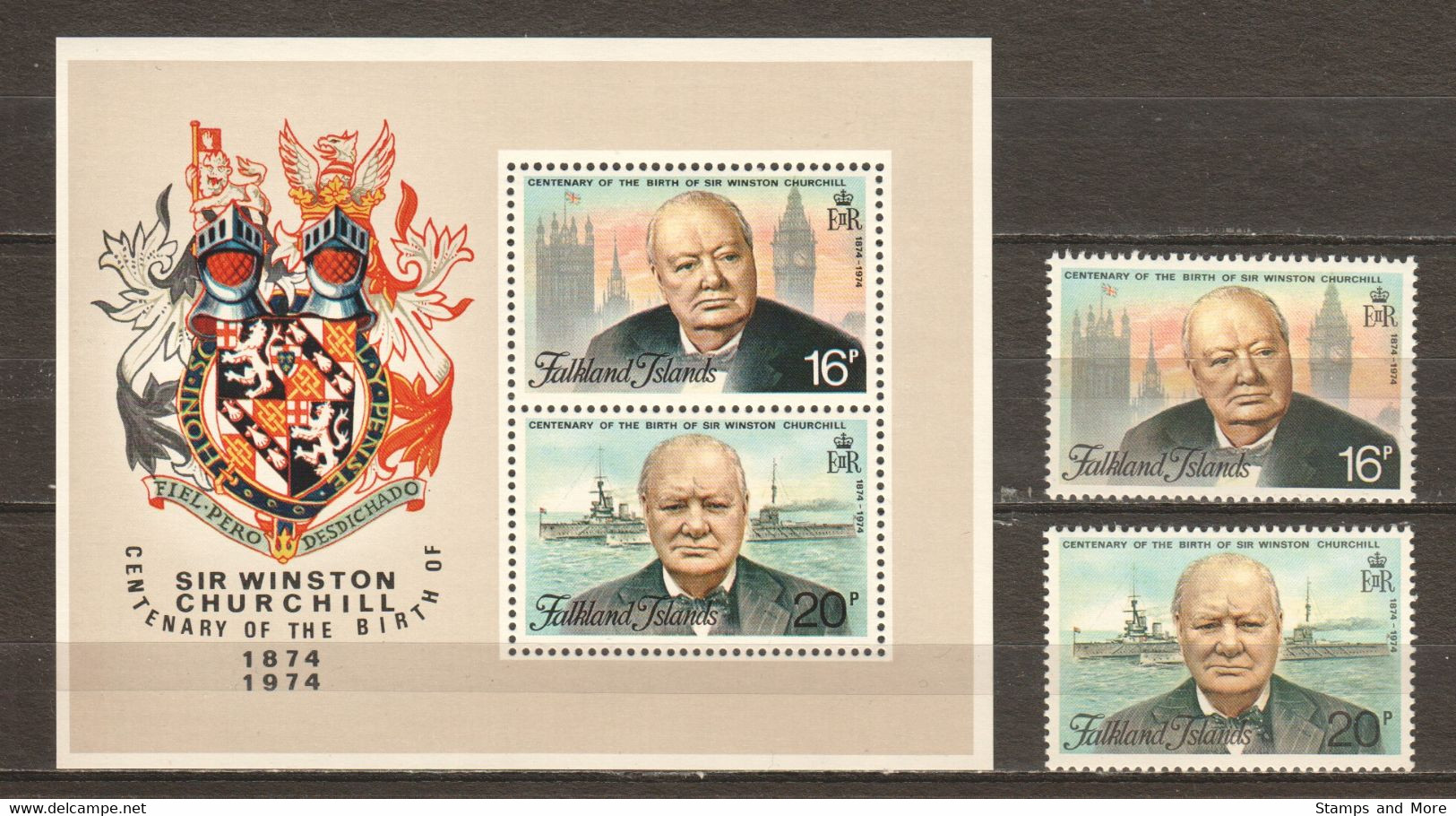 Falkland Islands 1974 Mi 230-231 + Block 1 MNH WINSTON CHURCHILL - SHIPS - Sir Winston Churchill