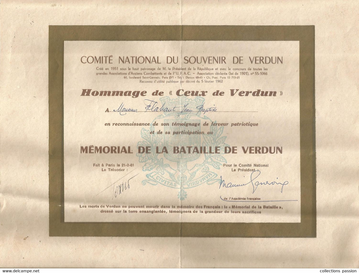 HOMMAGE DE CEUX DE VERDUN, Participation Au MEMORIAL DE LA BATAILLE DE VERDUN , 1961, Frais Fr 1.95 E - Ohne Zuordnung